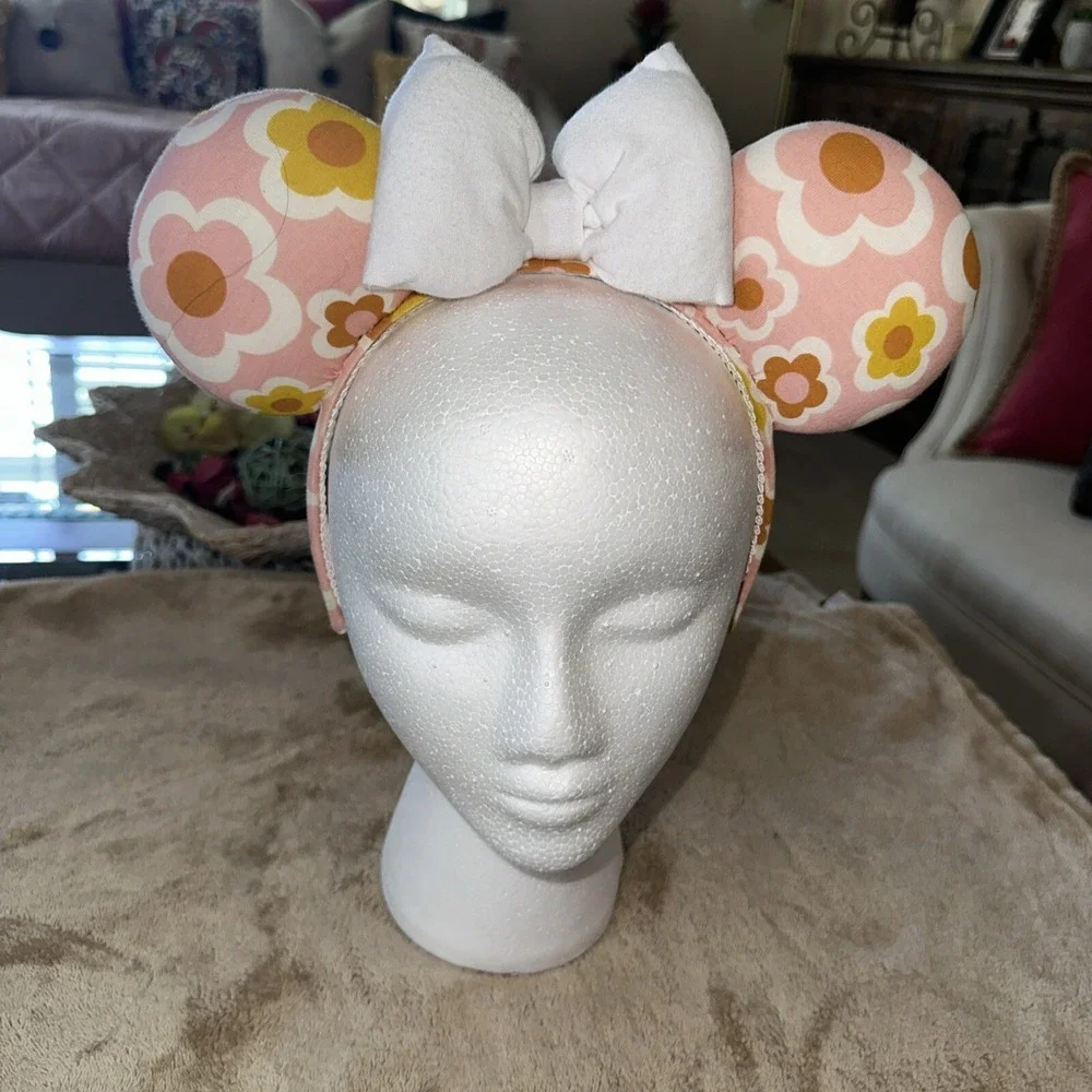 Handmade Minnie Ears! Super Cute Retro 70s Style Pink & Yellow Flower Ears. New